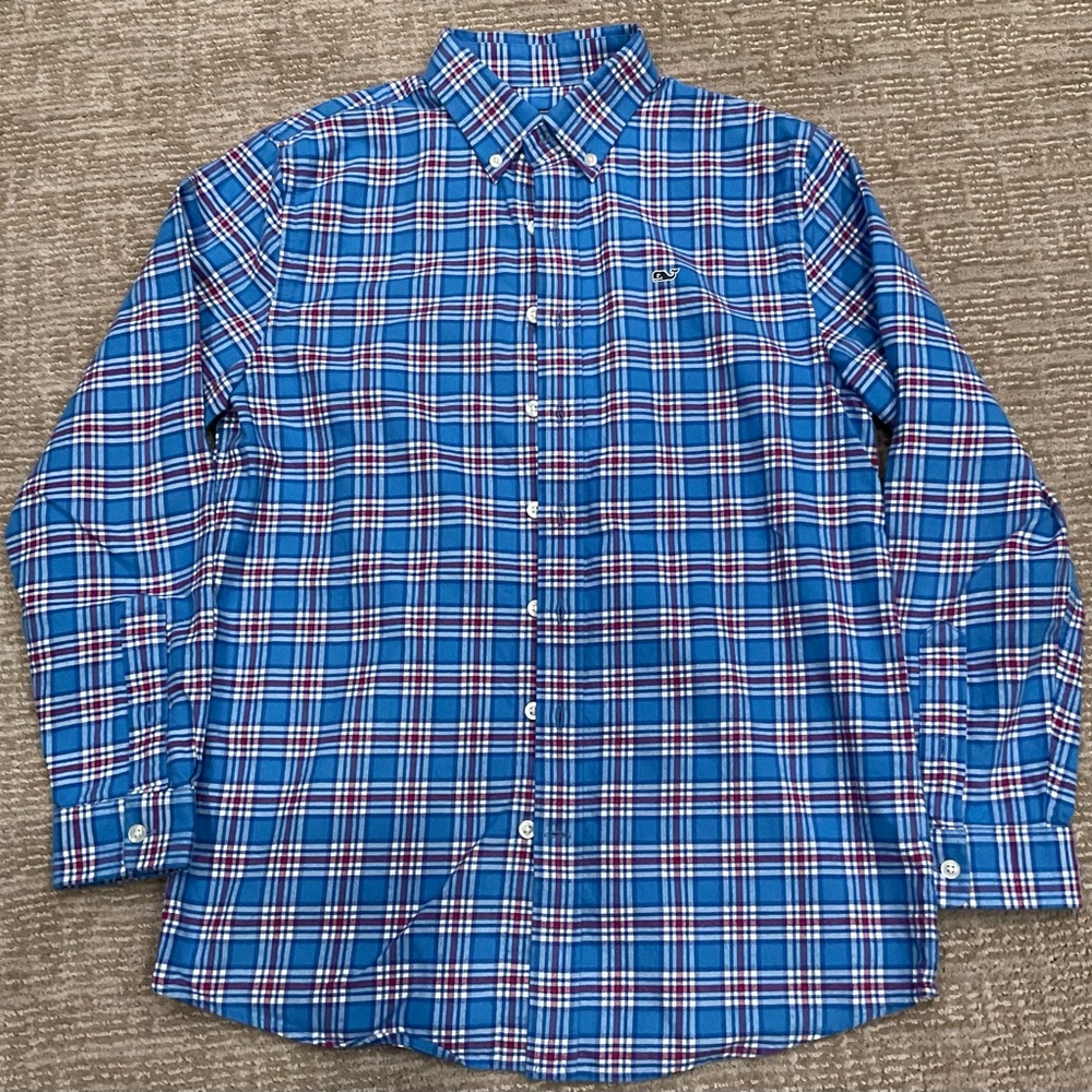 Vineyard Vines Whale Shirt Kids L (16) Blue Red White Plaid Flannel Button Down‎